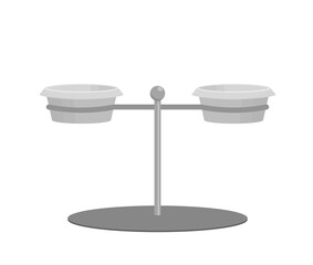 Stand and two stainless dog bowls. Steel bowls on stand. Cartoon, flat, vector