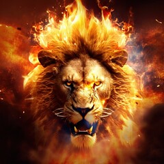  a lion with a tie on its neck in front of a fire background with flames and smoke coming out of its mouth. Generative AI - obrazy, fototapety, plakaty