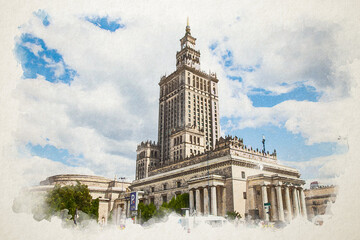 Street of a European city. Old town landmark. Watercolor illustration style. Palace of Culture and Science attraction building in Warsaw in Poland. Sights attractions. Building house street center