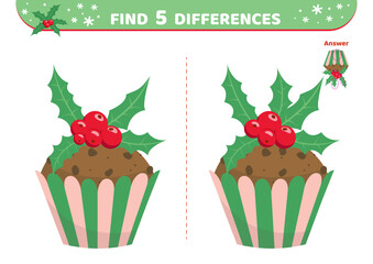 Christmas cake. Find 5 differences. Game. Flat, cartoon, vector
