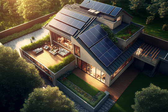 A View From Above Of A Home With Solar Photovoltaic Panels On The Roof Providing Clean Power. Intelligent House Design. Generative AI