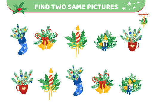 Christmas elements. Find two same pictures. Game for children. Flat, cartoon, vector