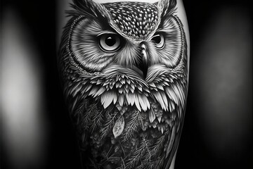  a black and white photo of an owl on a person's arm