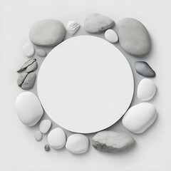 Magic circle of grey and white stones on a white background, top view, natural beautiful stones in a round circle. creative minimal style flat lay, circle frame from stones, rocks, generative AI