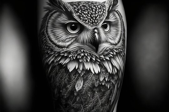 a black and white photo of an owl tattoo on a leg with a black background and a white background. Generative AI