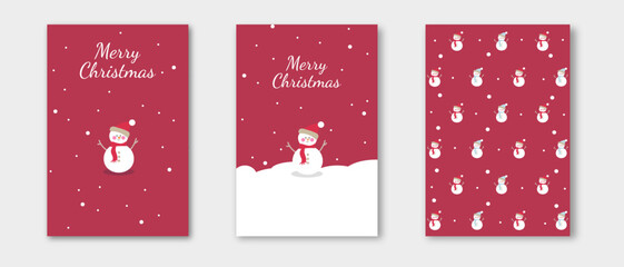 Minimalism merry christmas holiday cover template vector set. Red snowmen on white and red background with snow and snowflakes. Design for card, corporate, greeting, wallpaper, poster.	