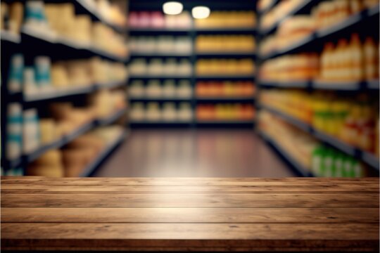  a wooden table in a store with shelves full of food and drinks in the background.