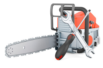 Naklejka premium Chainsaw with screwdriver and wrench, 3D rendering