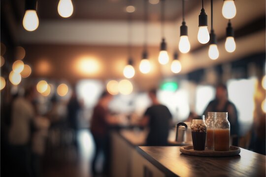 a table with a glass of drink and a plate of food on it with people in the background at a restaurant. Generative AI