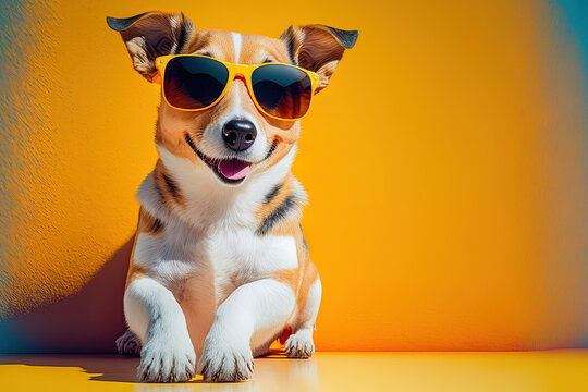 A Cute Puppy Wearing Sunglasses On A Yellow Or Bright Backdrop. Summer Vacation Idea Mongrel Dog Taking A Sunbath. An Outbred Tricolor Dog Extends Its Tongue. Generative AI