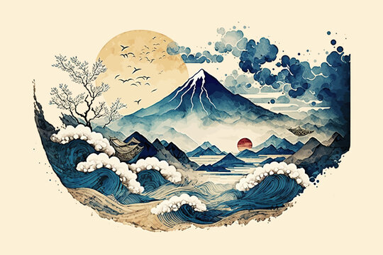 An Artistic Landscape With A Mountain And An Ocean Painted With A Blue Watercolor Texture In Vintage Style. Isolated On Background. Cartoon Flat Vector Illustration