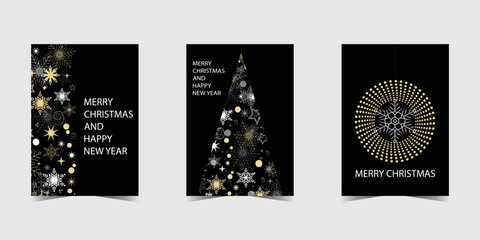 Merry Christmas and Happy New Year gift cards on black background Postcard template designe Vector illustration
