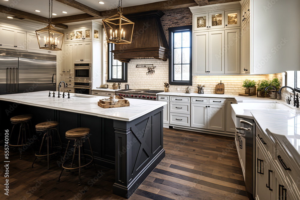 Wall mural a new luxury home's traditional kitchen features a farmhouse sink, hardwood floors, wood beams, a hu