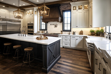A new luxury home's traditional kitchen features a farmhouse sink, hardwood floors, wood beams, a huge island, and quartz counters. Generative AI - obrazy, fototapety, plakaty