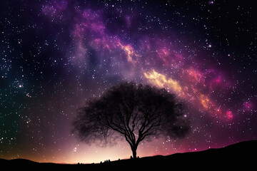 a lovely milkyway and tree silhouette against a background of stars and cosmic dust. Generative AI