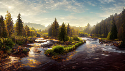Fototapeta na wymiar Landscape with river in forest with mountain and sun in daylight (Generative AI)