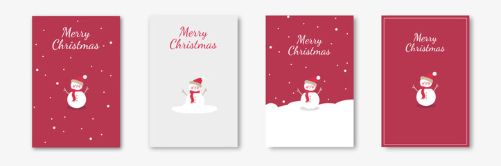 Minimalism merry christmas holiday cover template vector set. Red snowmen on white and red background with snow and snowflakes. Design for card, corporate, greeting, wallpaper, poster.