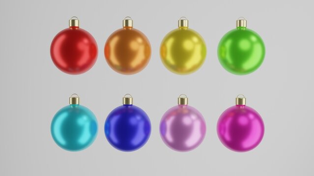 Set of classic multicolored Christmas balls for New Year decoration isolated on white background. Minimal concept. 3D render