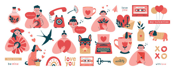 Big collection of creative Valentine's Day clip arts.Cute kawaii illustrations of persons, dogs, ribbon, typewriter, cassette, telephone, heart, love letter, cup. Vector cartoon clip arts with text.