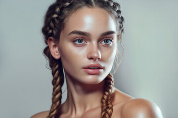 Portrait of young beautiful woman with braids. Digitally AI generated image. - obrazy, fototapety, plakaty