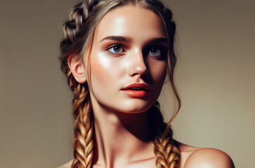 Portrait of young beautiful woman with braids. Digitally AI generated image.