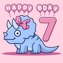 Happy 7th birthday card. Cute triceratops with bow and balloons. Flat vector illustration.