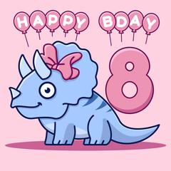 Happy 8th birthday card. Cute triceratops with bow and balloons. Flat vector illustration.