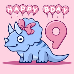 Happy 9th birthday card. Cute triceratops with bow and balloons. Flat vector illustration.