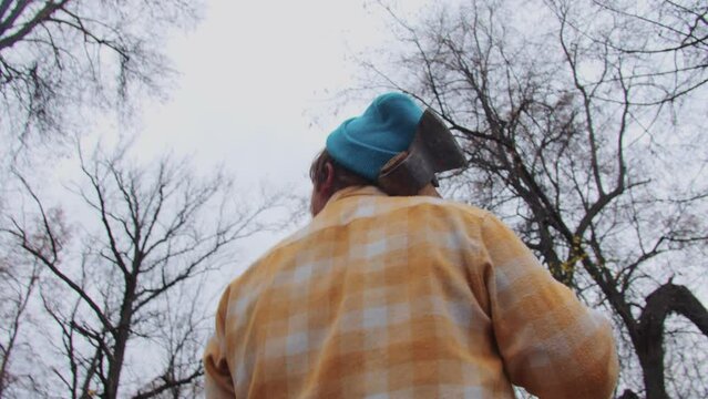 A bearded man with an axe looks around in the woods