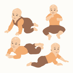 Newborn, cute little babies vector design set. Baby poses, crawling, lying, smiling. Poster Isolated on a white background