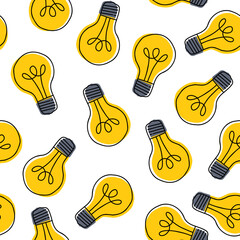 Hand drawn seamless pattern with randomly placed yellow light bulbs.