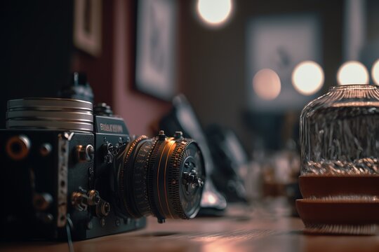 camera lens on the wooden table. Cinematic style.