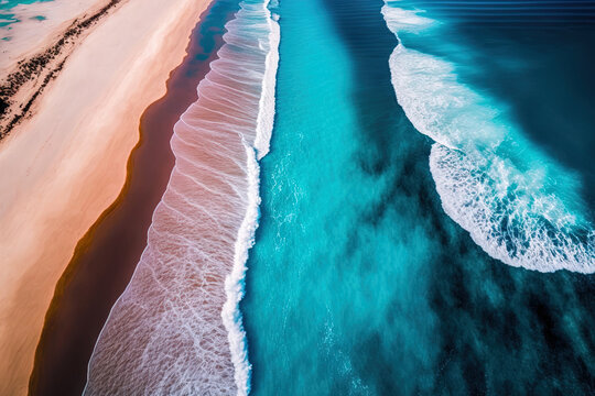 A relaxing aerial beach picture serves as the banner for the summer break. Amazingly blue ocean waves, the seashore, and the shoreline. superb top view from an airborne drone. calm beach, seashore, br