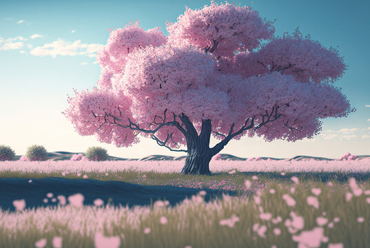 pink tree in the park,landscape,landscape with trees and clouds,landscape with trees,,sakura,pink tree