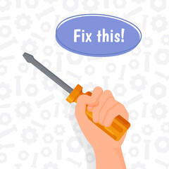 Fixing banner. Vector illustration of a hand holding a screwdriver. Repair breakage. Master. 