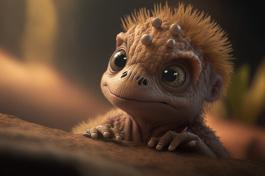 A adorable baby dinosaur with a bewildered look. Generative AI