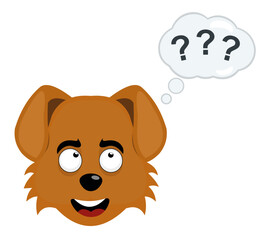 vector illustration of the face of a cartoon dog with a cloud of thought and question marks