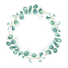 Watercolor round frame, wreath from eucalyptus and gypsophila branches isolated on white background. Hand drawn botanical illustration. Ideal for stationery, wedding invitations, save the date