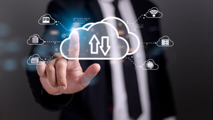 Cloud computing concept - connect to cloud. Businessman or information technologist click on cloud computing icon.