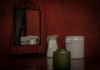 Old mirror with red vintage background and white jug and pot