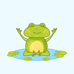 Cute frog in a lotus pose. Rest of a cheerful frog. Vector illustration of wildlife. Lake. 
