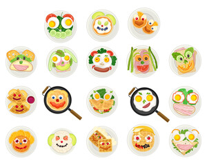 Food for Kids on Plates Serving Ideas Top View Big Vector Set