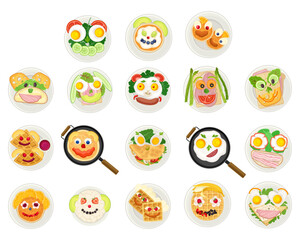 Fototapeta premium Food for Kids on Plates Serving Ideas Top View Big Vector Set