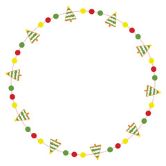 Christmas frame with gingerbread xmas tree decorations. Round Xmas decorative border isolated on white background. Vector illustration.