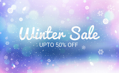Naklejka na ściany i meble Winter Sale banner design with white snowflakes and snowstorm background design. Fifty percent off concept backdrop