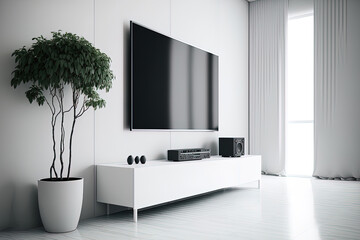Fototapeta na wymiar White color wall background, simple television cabinet, and living room interior. Generative AI