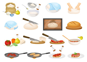 Bruschetta Cooking and Bread Kneading with Ingredients and Utensil Big Vector Set