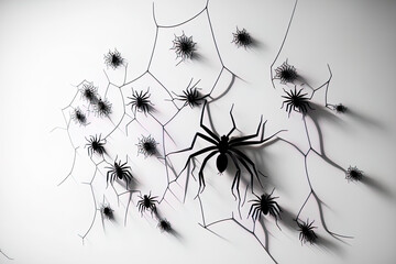 Web of spiders on a white backdrop. Generative AI