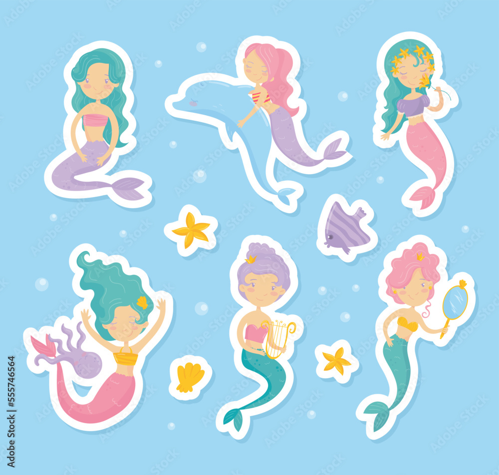 Canvas Prints mermaid stickers with cute swimming girl with fish tails vector set