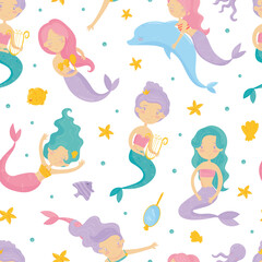 Mermaid Seamless Pattern with Cute Swimming Girl with Fish Tails Vector Template